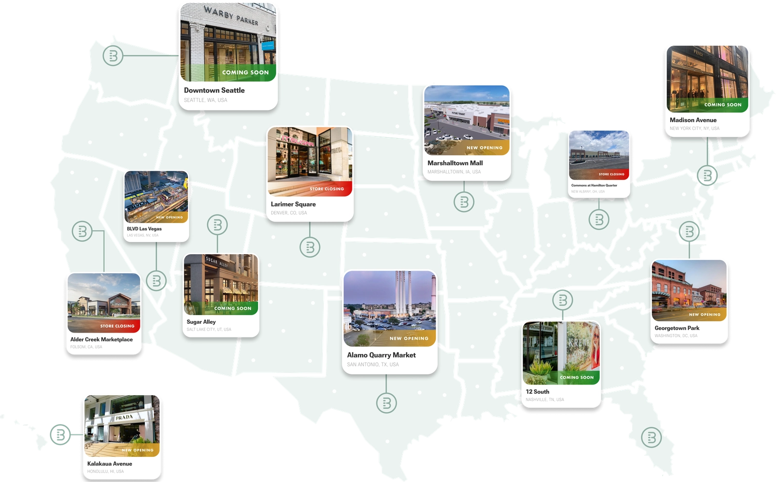 A stylized US map showing brand activity at properties across the country — including Downtown Seattle, BLVD Las Vegas, Larimer Square, Sugar Alley, Marshalltown Mall, Alamo Quarry Market, 12 South, Madison Avenue, Georgetown Park, and Kalakaua Avenue — each tagged with status indicators like Coming Soon, New Opening, or Store Closing.